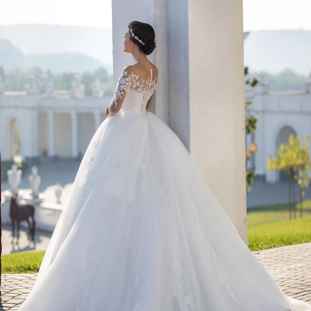 Elegantes Vestidos De Noiva Fofos Com Aplique De Renda, Gola Redonda, Mangas Compridas, Lindo Vestido De Noiva