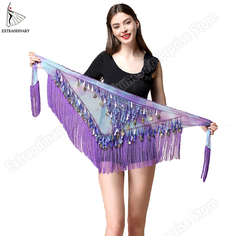 Kobiety pas bellydance szalik hip akcesoria do tańca brzucha wiszące kolczyki z cekinami trójkąt Wrap kostium pas szal szyfonowa szalik z frędzlami