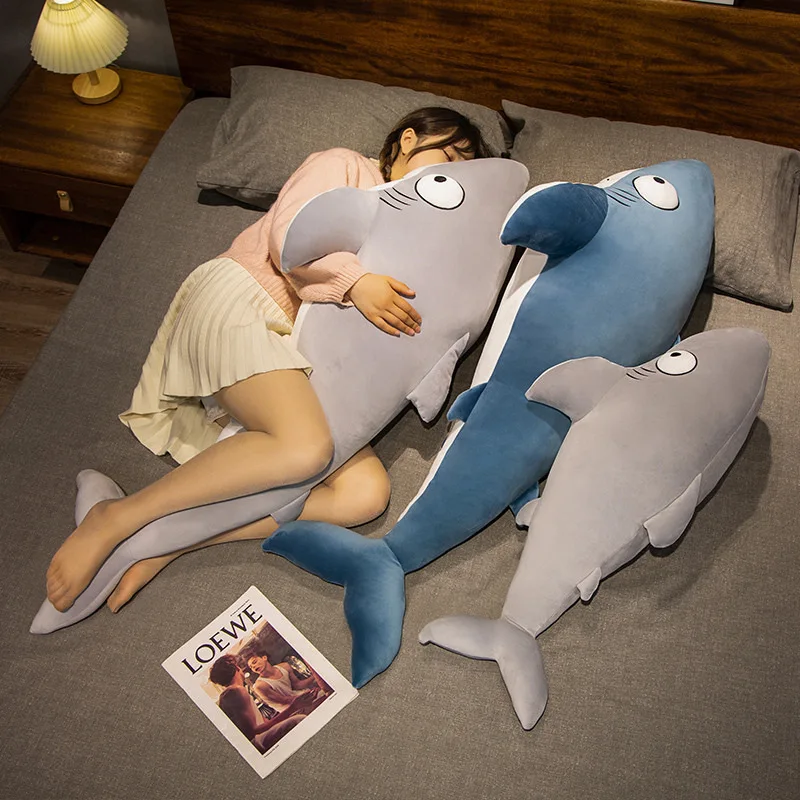 60-120cm Giant Big Eyes Fuzzy Shark Plush Toy Cartoon Ocean Animals Fish Plushie Sleeping Long Pillow Soft Cushion Home Decor