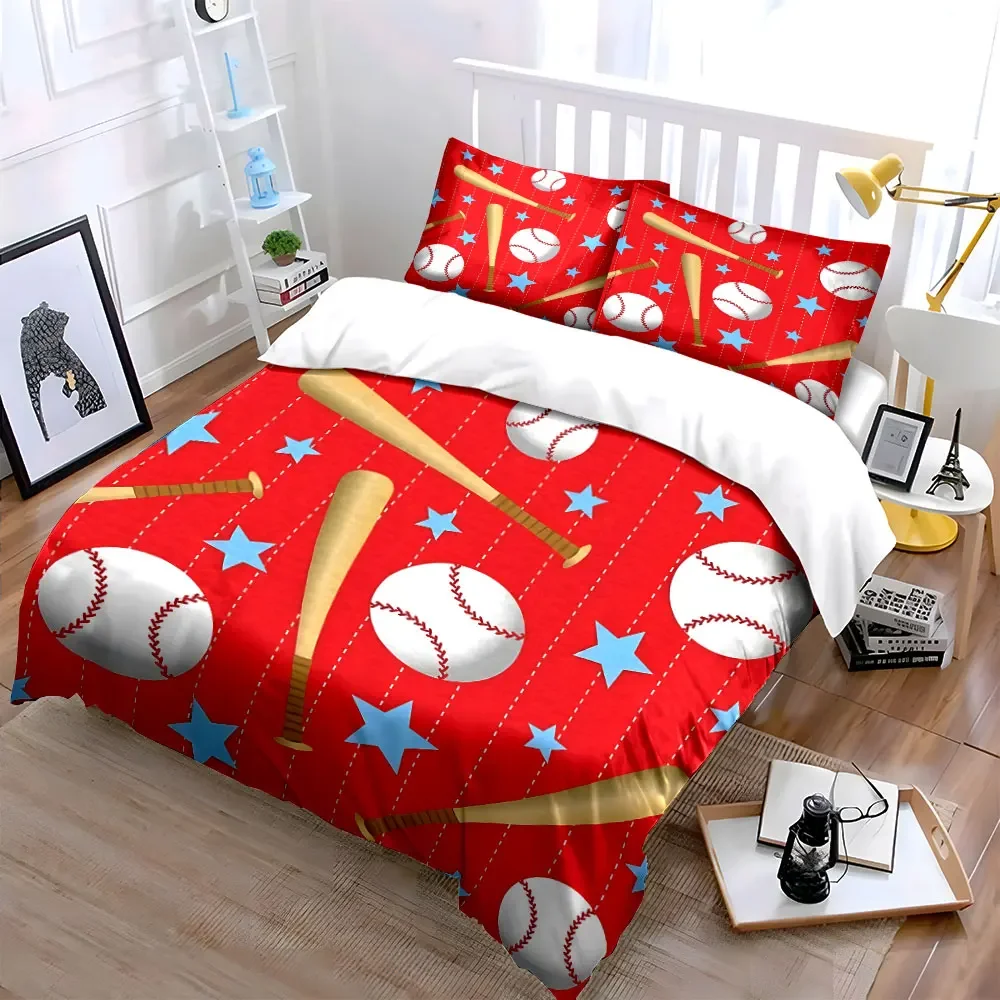 3Pcs Retro Baseball Bedding Set, Baseballs and Bats on Red Background Print Duvet Cover, Cozy Bedroom Decor
