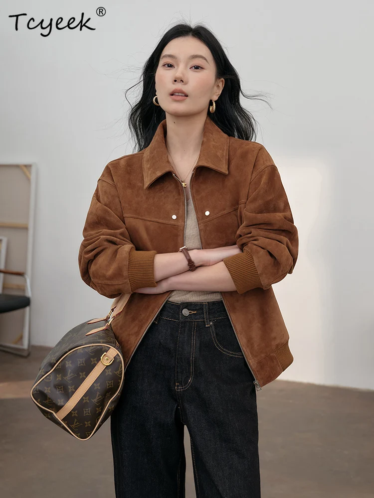 Tcyeek Real Sheepskin Spring Autumn High End Trendy Lapel Suede Brown Women's Genuine Leather Jacket Женская Кожаная Куртка
