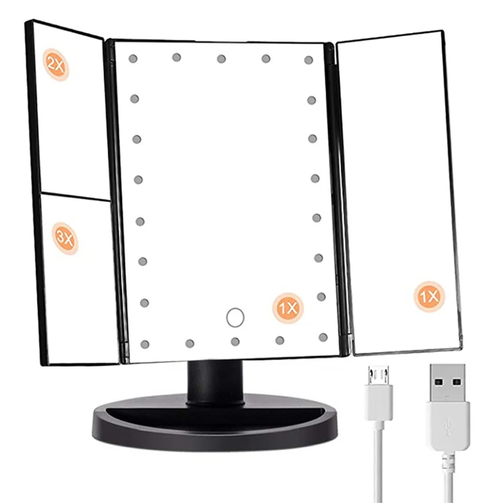 Tri-Fold Luminous Makeup Mirror with 22 LED Lights, with 2X,3X Magnification,180 Degree Rotation, Dual Power(Black)