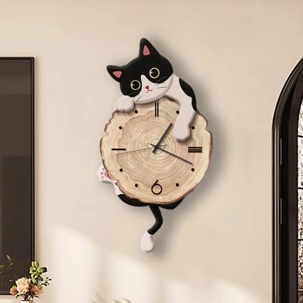 No Battery Cute Cat Wall Clock Silent Feature Tail Swing Wall Mounted Clock Home Decoration Cat Hanging Clock Dormitory