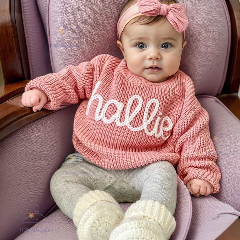 Personalized Hand Embroidered Name Sweaters Baby Knit Jumper Monogram Custom Name Sweaters Christmas gift Birthday Gift For Kid