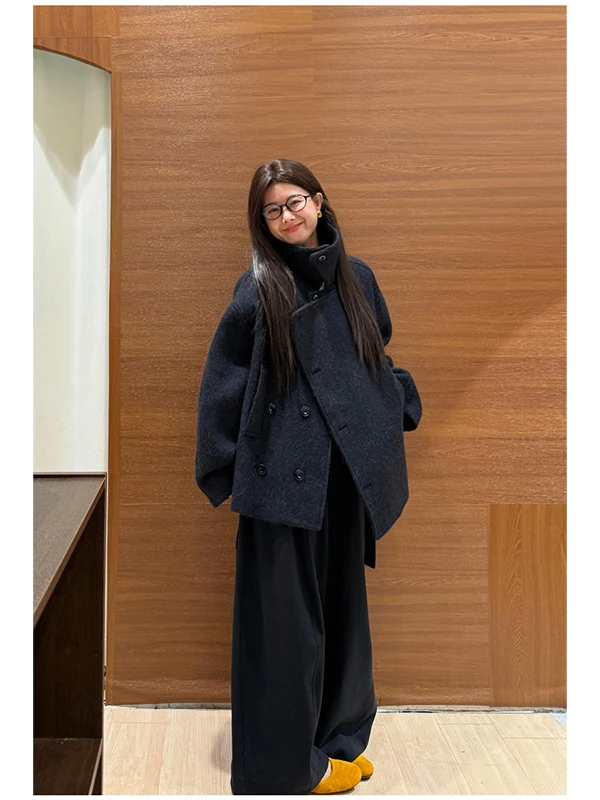 

Ele Woolen Coat Women's Autumn Winter New Design Loose Hepburn Sle Felted Outerwear French Sle Thiened Long Sve