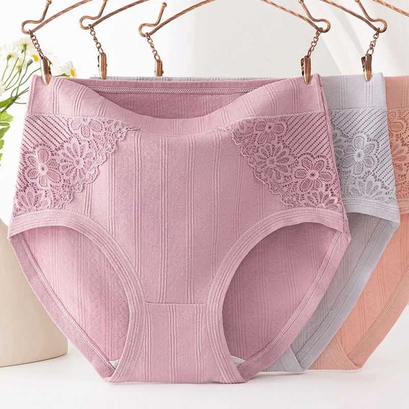 

3pcs Women's Cotton Panties High Waist Underwear Breathable Lace Panties Girls Briefs Female Lingerie