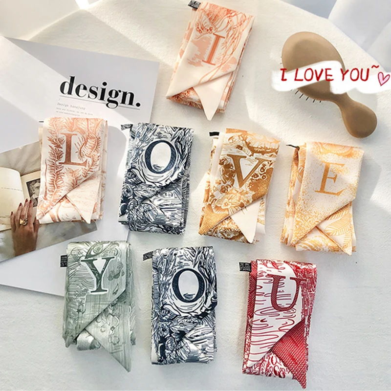 Super Beautiful Scarf 26 Letters Silk Scarf Headband Jungle Alphabet Print Bag Streamer Women Fashion Brand Design Silk Scarf