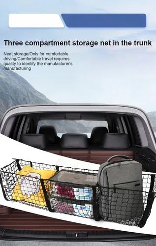 Imagen 2 del producto Para camionetas SUV, red de almacenamiento para coche con 3 bolsillos, red para equipaje de 3 columnas, bolsa de red para 3 cestas, red de almacenamiento para maletero, accesorios para automóvil