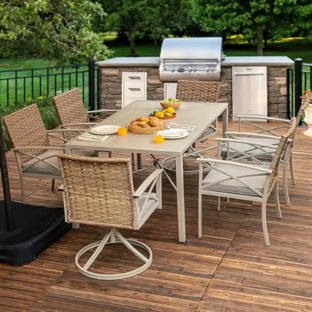 

7-Piece Patio Dining Set, Outdoor Wicker Conversation Furniture w/2 Rocking Chairs, Soft Gray Cushions & Wood Grain Dining Table