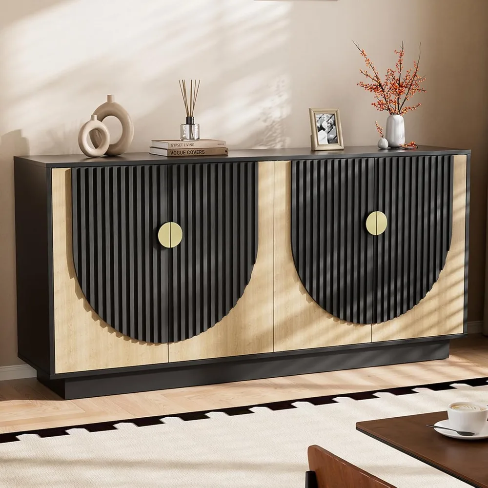 

63'' Large Fluted Sideboard Buffet Cabinet, Modern Entertainment Center with Storage, Console Table Wine Bar Storage Cabinet.