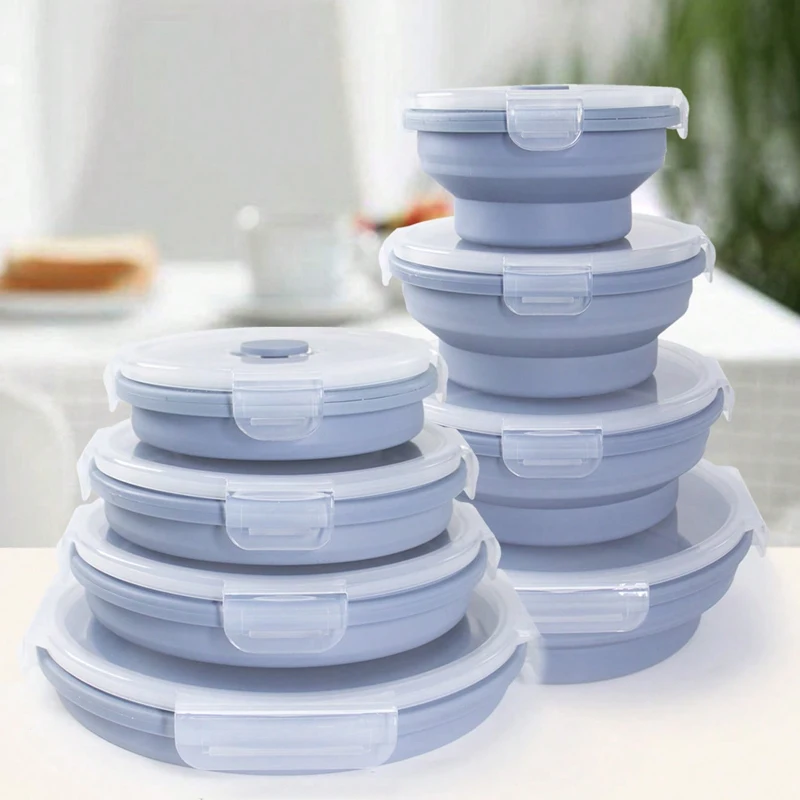 

350ml 550ml 800ml 1200ml Collapsible Silicone Bowl with PP Lid - Round Portable Foldable Container, Microwave Safe