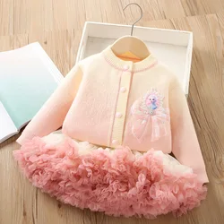 Girls Dress Clothes Sets Spring Autumn 2024 Children Knitted Coats Sweaters Tutu Skirts 2pcs Party Suit For Baby Outfits Costume