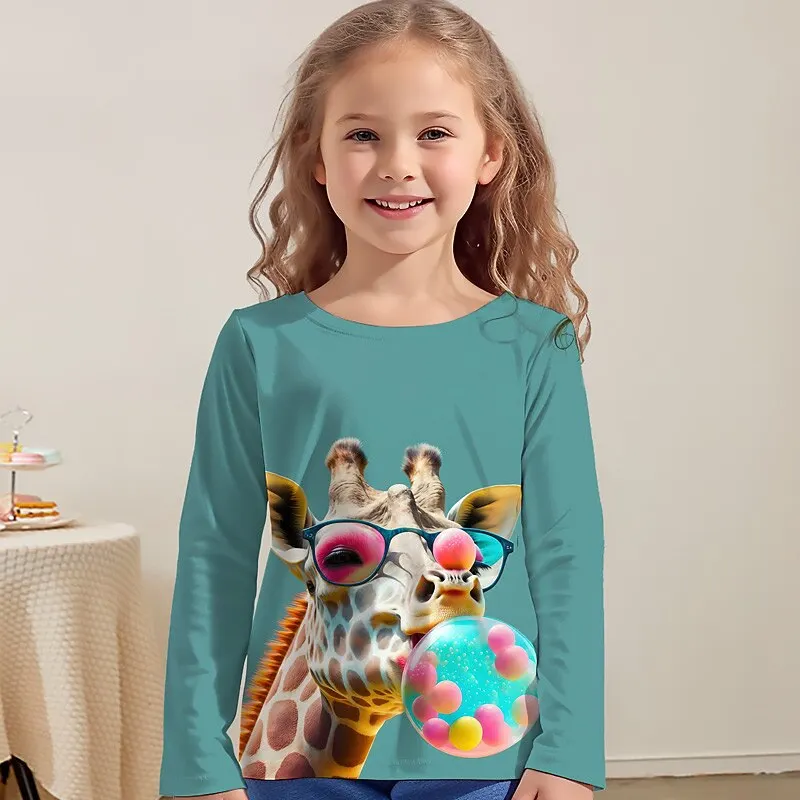 Kids Clothes Animal Giraffe 3D Print Long Sleeve T-Shirts Summer Fashion Streetwear Girl O-Neck Kids Tees Tops Children Clothing