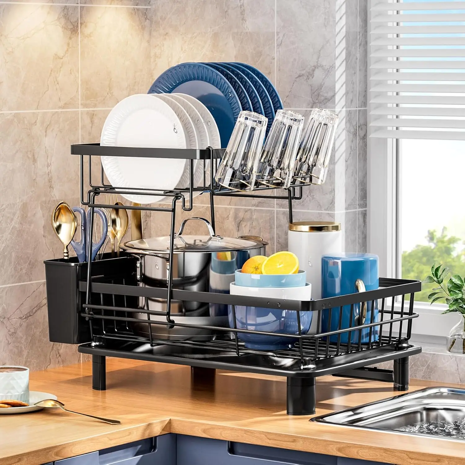 

2 Tiers Dish Drying Rack, Space-Saving Dish Racks for Kitchen Counter, Dish Drainer Drying Rack with Drainboard, Utensil Holder