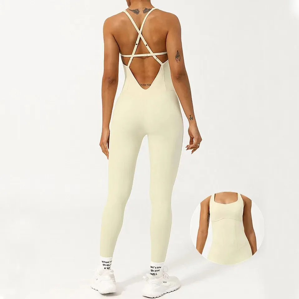 2024 Pad Gym Bodysuit Fishbone Fitness Sportswear Women Yoga Set Workout Legging One Piece Jumpsuit Rompers Active Wear Suits