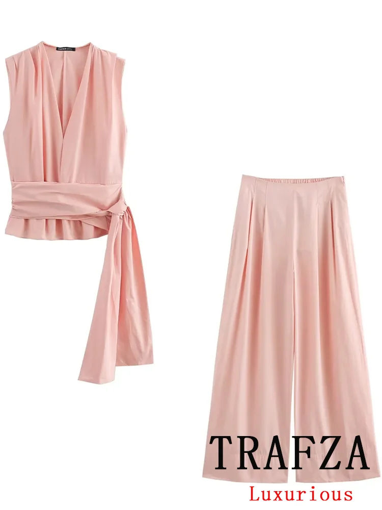 TRAFZA Vintage Casual Chic Women Suit Bow con scollo a v Zipper allentato Top pantaloni lunghi dritti New Fashion 2024 Holiday Summer Suits