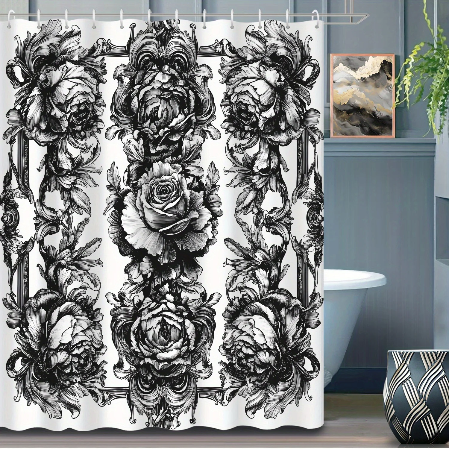 

1pc Bohemian Black And White Mandala Flower Plant Leaf Shower Curtain Partition Curtain, 12 Hooks Shower Curtain, Bathr