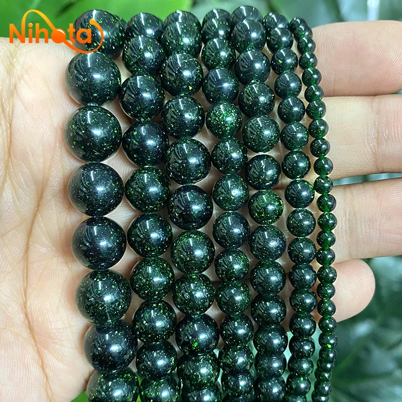 Smooth Dark Green SandStone Round Loose Beads Diy Bracelet Earrings Rings Women's Jewelry Making 15