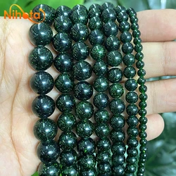 Perles rondes adt en grès vert foncé lisse pour femmes, bracelet bricolage, boucles d'oreilles, matiques, bijoux exécutifs, brin 15 