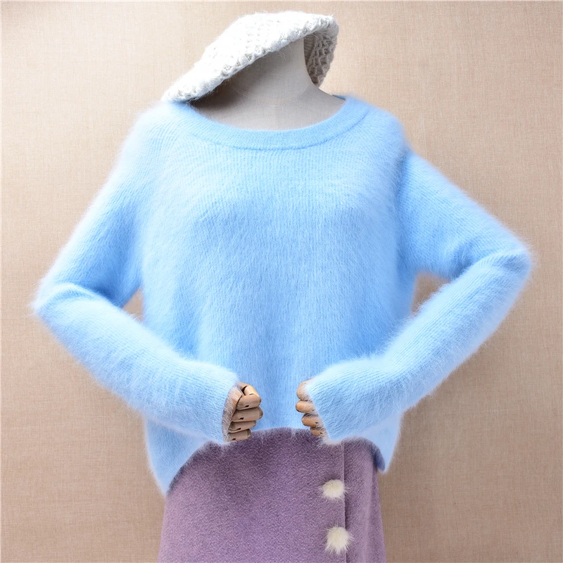 Donna donna autunno inverno moda dolce peloso Angora pelo di coniglio lavorato a maglia maniche lunghe Pullover allentato maglione Crop Jumper Pull