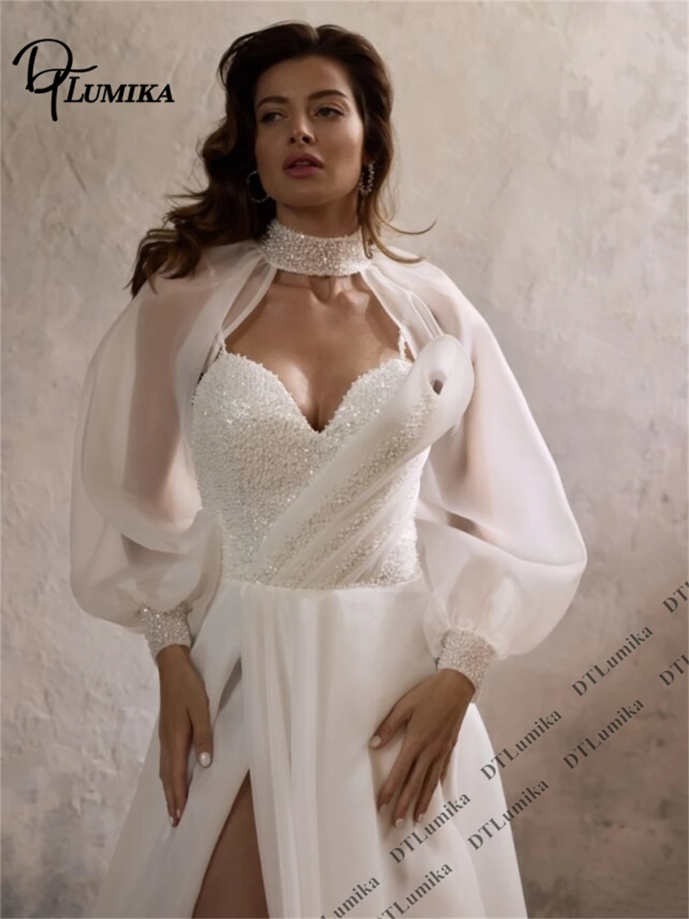 DTLumika Organza Beaded Bridal Dress with Jacket, Spaghetti Straps A Line Wedding Dresses, Full Puff Sleeves Modern Bride Dress