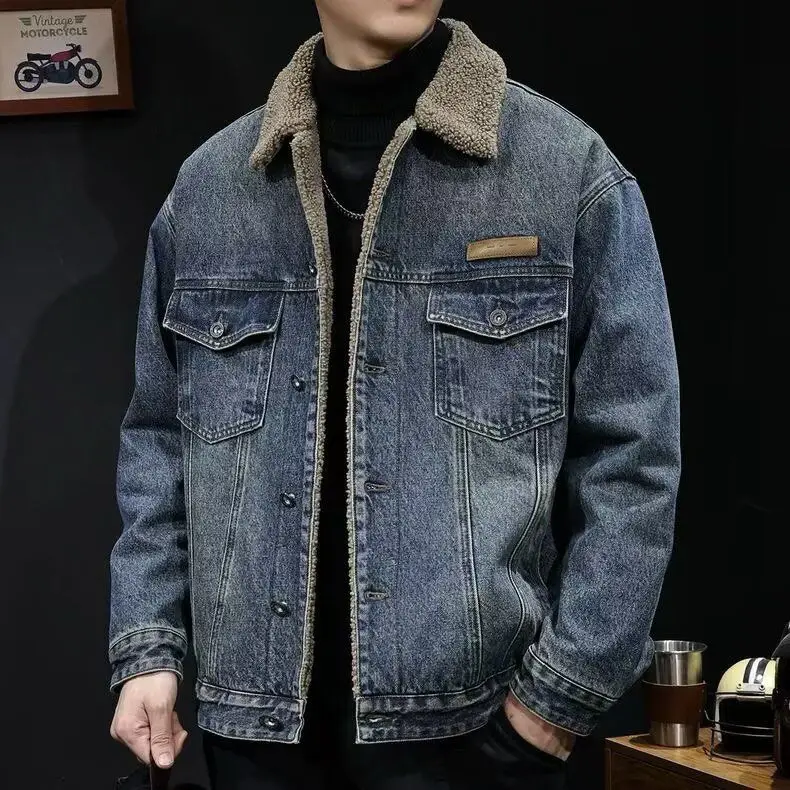 

Thiened Lamb Velvet Men's Denim Jaet Autumn Winter Fce Lined Jaet Spring Casual Sle Stand Fit Jeans Fabric Coat