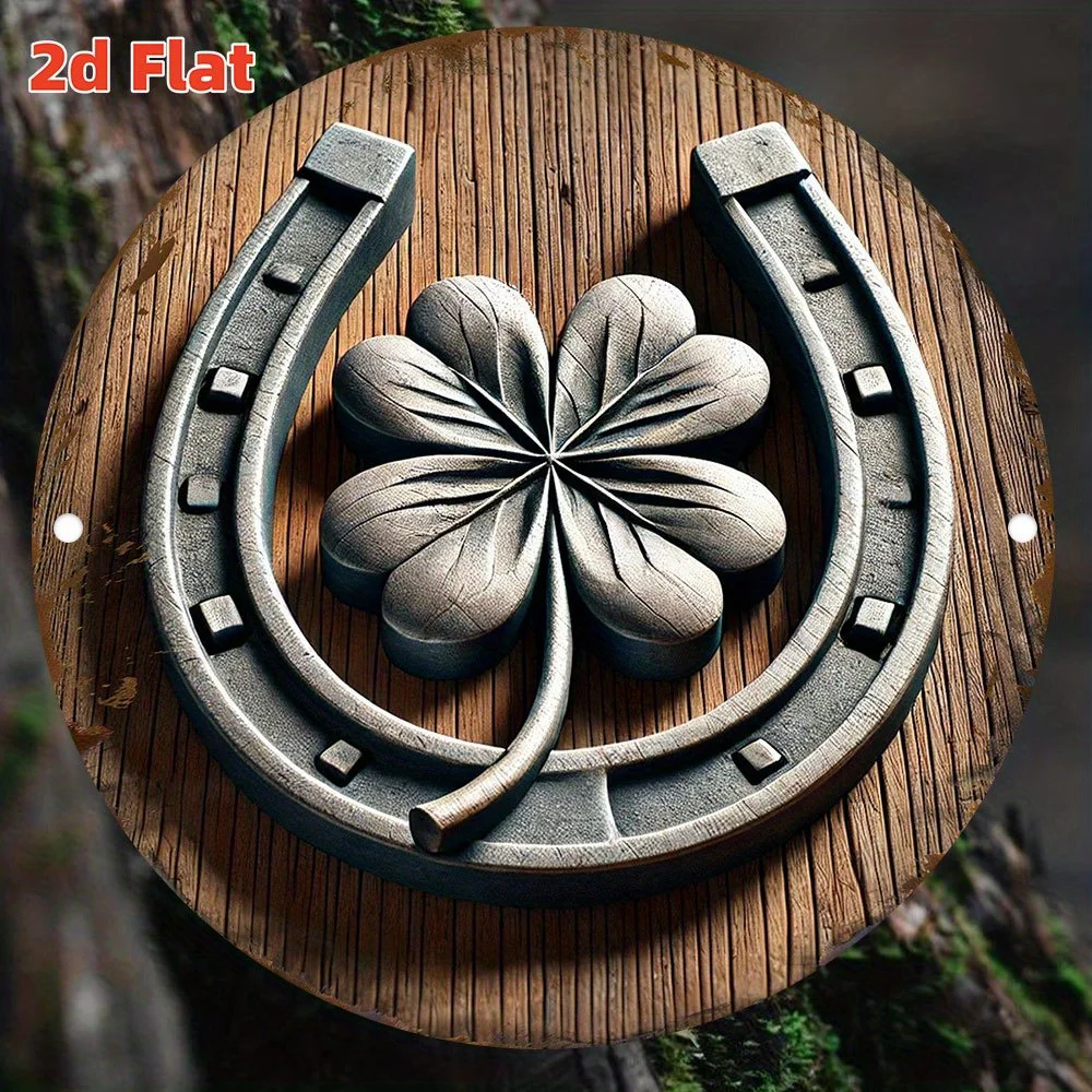 2D Flach, 1 Stück 2D Flach Bedrucktes 20x20cm Rundes Metallschild, 2D Flaches Vintage Hufeisen-Metallschild - Rustikale Wandkunst mit Kleeblatt