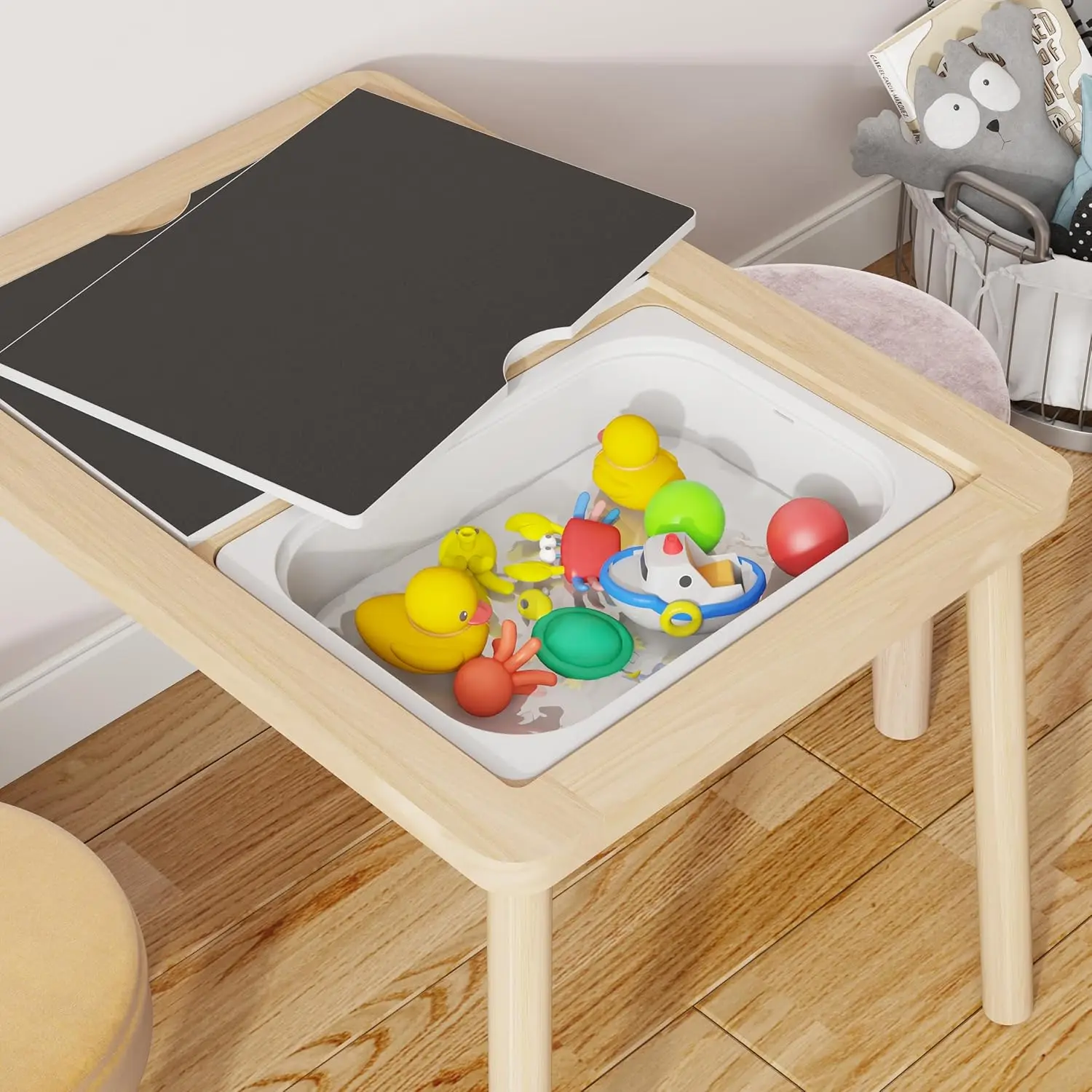 Table, Kids Activity Table, Wooden Play Table with Bins, Montessori Table, Chalk Board and Whiteboard