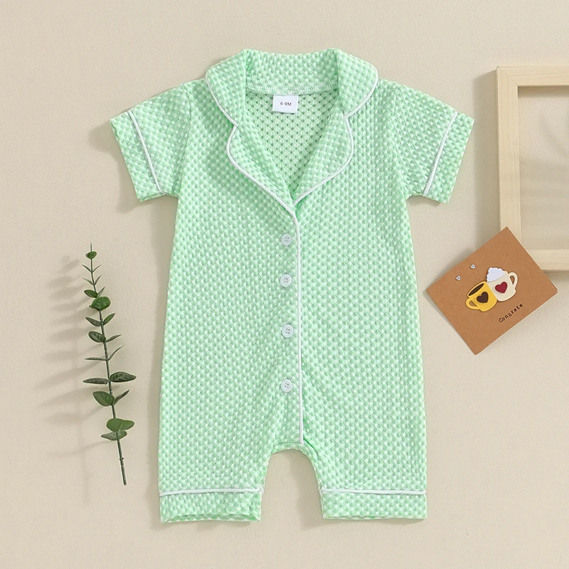 

Infant Unisex Bodysuits with Short Sleeves Lapel Collar Button Closure and Textured Design - Soft Rompers for Newborns