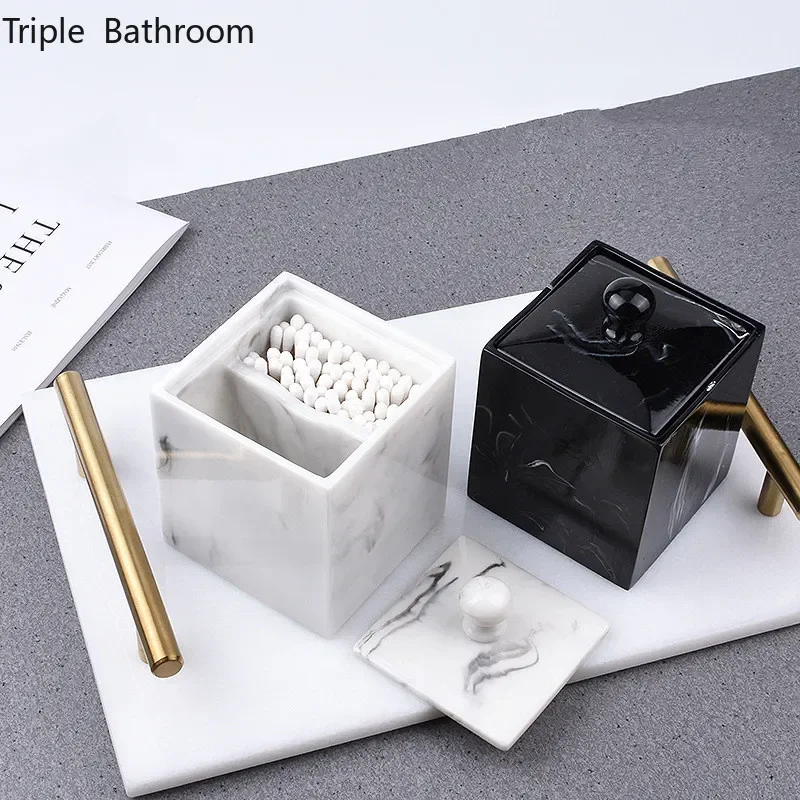 1pc Nordic Resin Cotton Swab Box Household Toothpick Holder with Cover Multi-purpose Storage Box Bathroom Desktop Organizer