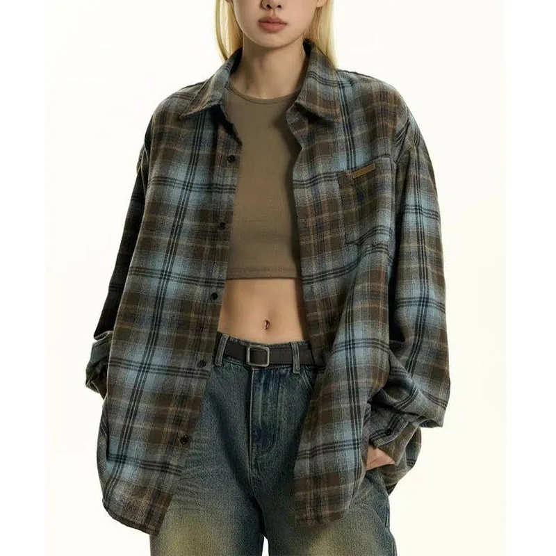 

American Style Vintage Plaid Shirt Coats Women Spring Autumn New Preppy Turn-down Collar Panelled Long Sleeve Loose Casual Tops