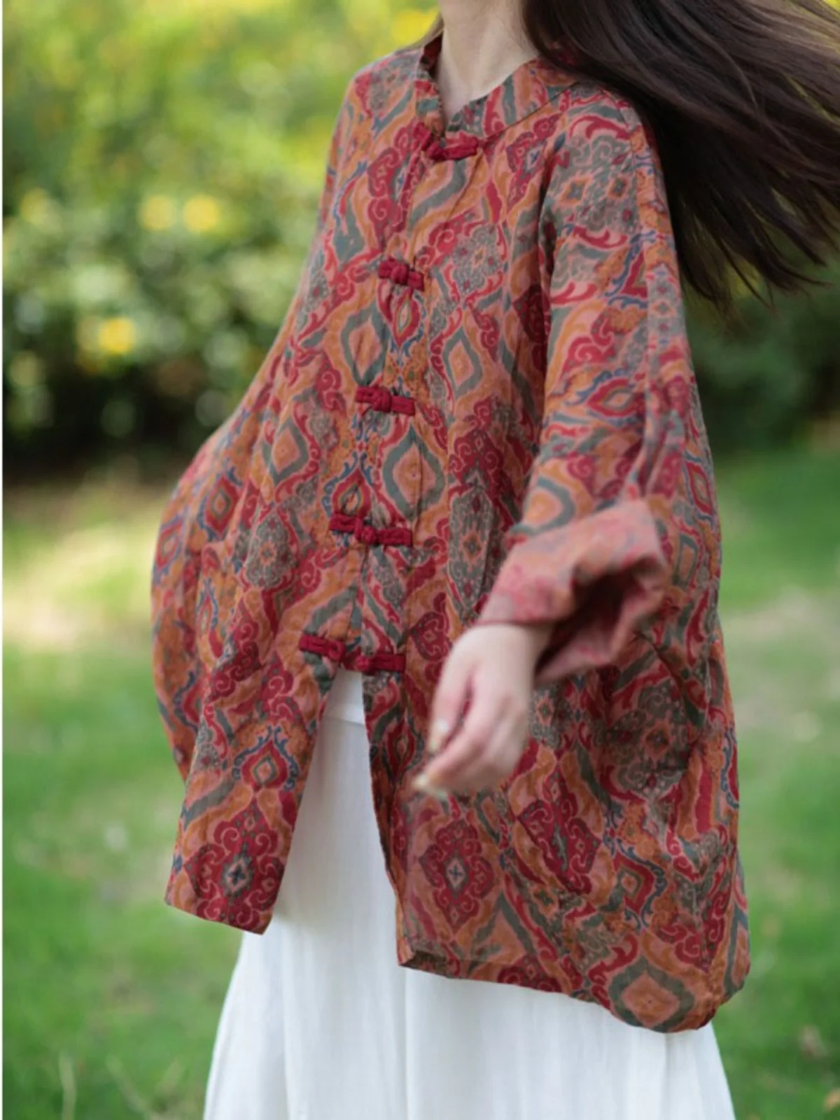 

Длинный джемпер с принтом в китайском стиле в стиле ретро, большие размеры, женский модный воротник-стойка на пуговицах, утягивающий открытый кардиган, весенний топ