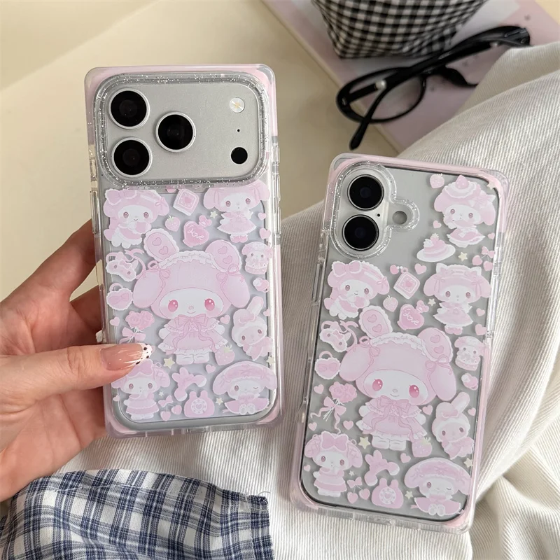 

Kawaii Print Phone Case For iPhone 15 16 17 Pro Max With Sparkly Pink Frame Shockproof Cover For Girls fashion phone cases funda