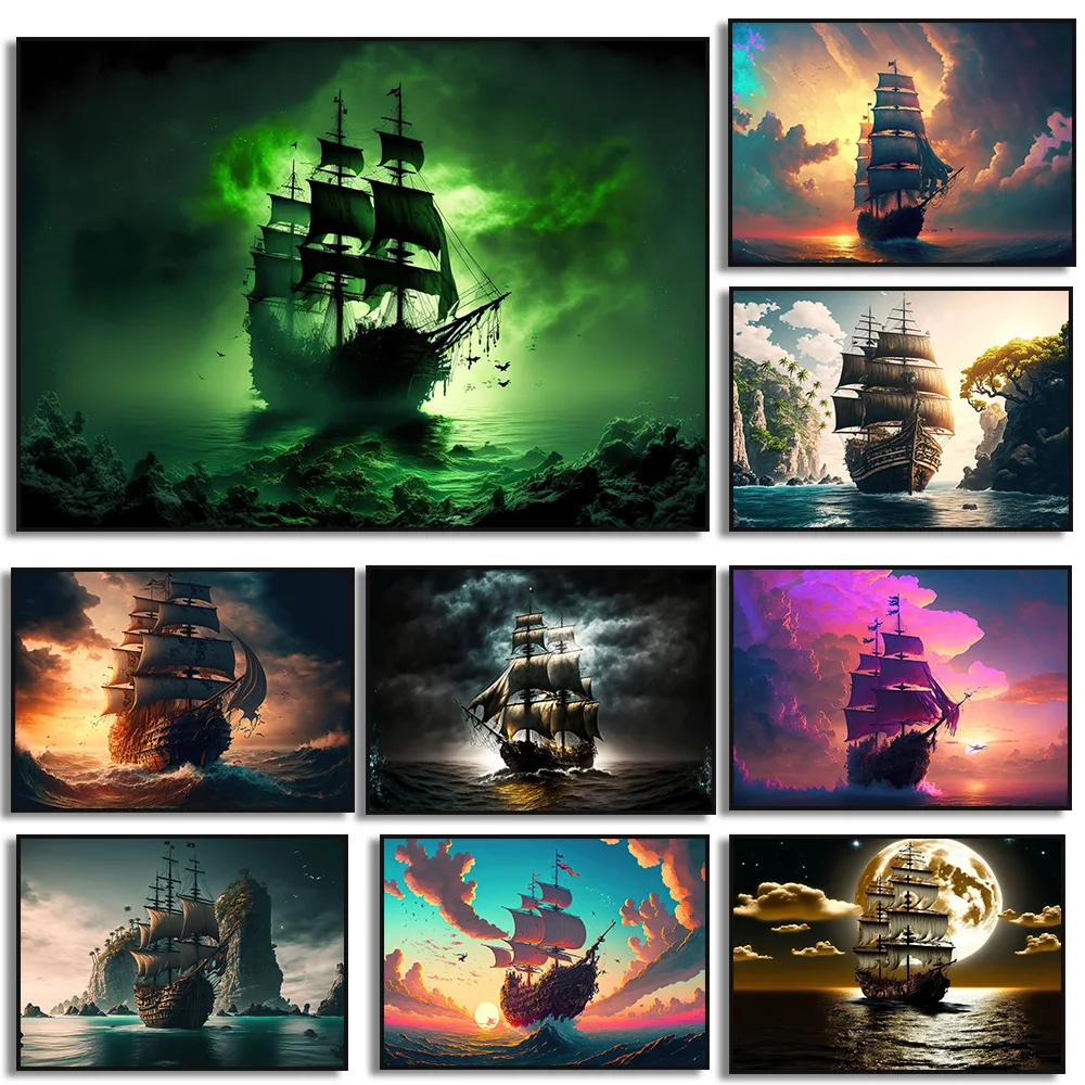 Black Pirate Ship Canvas Painting Vintage Sailing Ship Sea Storm Skull  Seascape Boat Moon Poster Print Wall Art Room Home Decor