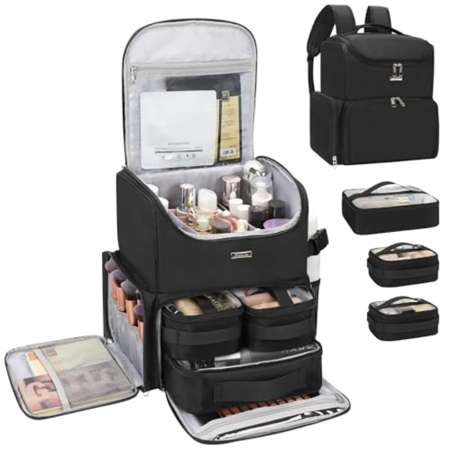 

Makeup Backpack Makeup Bag with 3 Clear Set Bags, Dual Layer Professional Cosmetic Organizer Travel Train Case Makeup Artist Ki