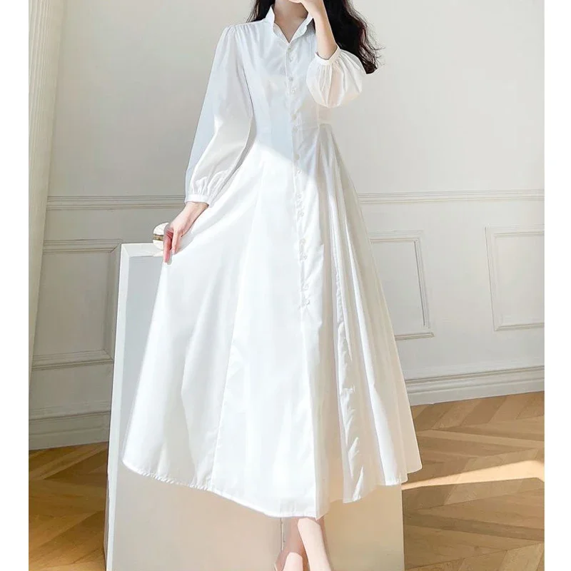 

Women White Elegant High Waist Single Breasted Shirt Dress Autumn Pleated Long Sleeve Pockets Slim Party Dresses Vestido CY78