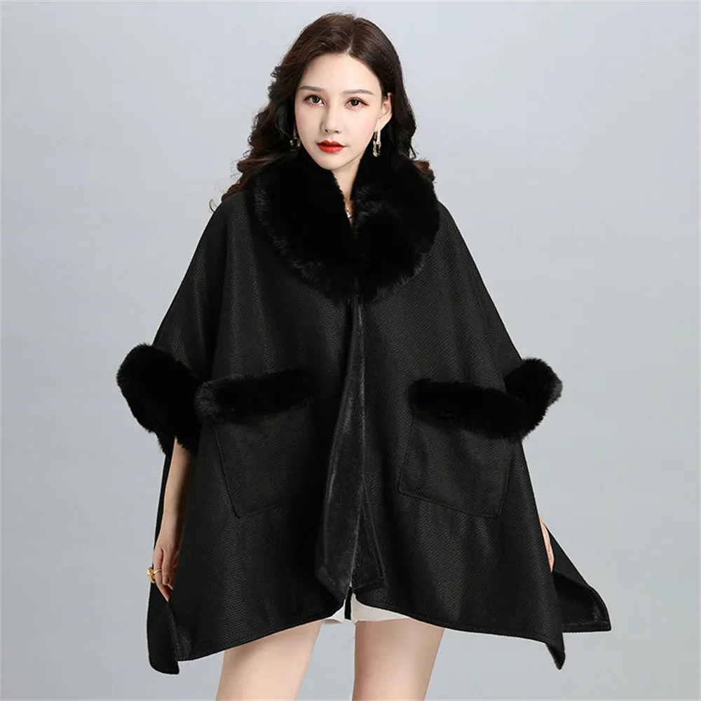 

6 Colors Women Winter Warm Poncho Cloak Circle Faux Rabbit Fur Neck Loose Overcoat Batwing Sleeves Oversize Jacket With Pocket