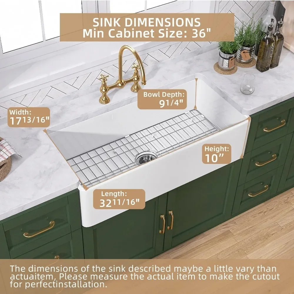 33 Inch Kitchen Sink With Custom Bottom Grid & Strainer Drain, Fireclay Single Bowl Farmhouse Sinks