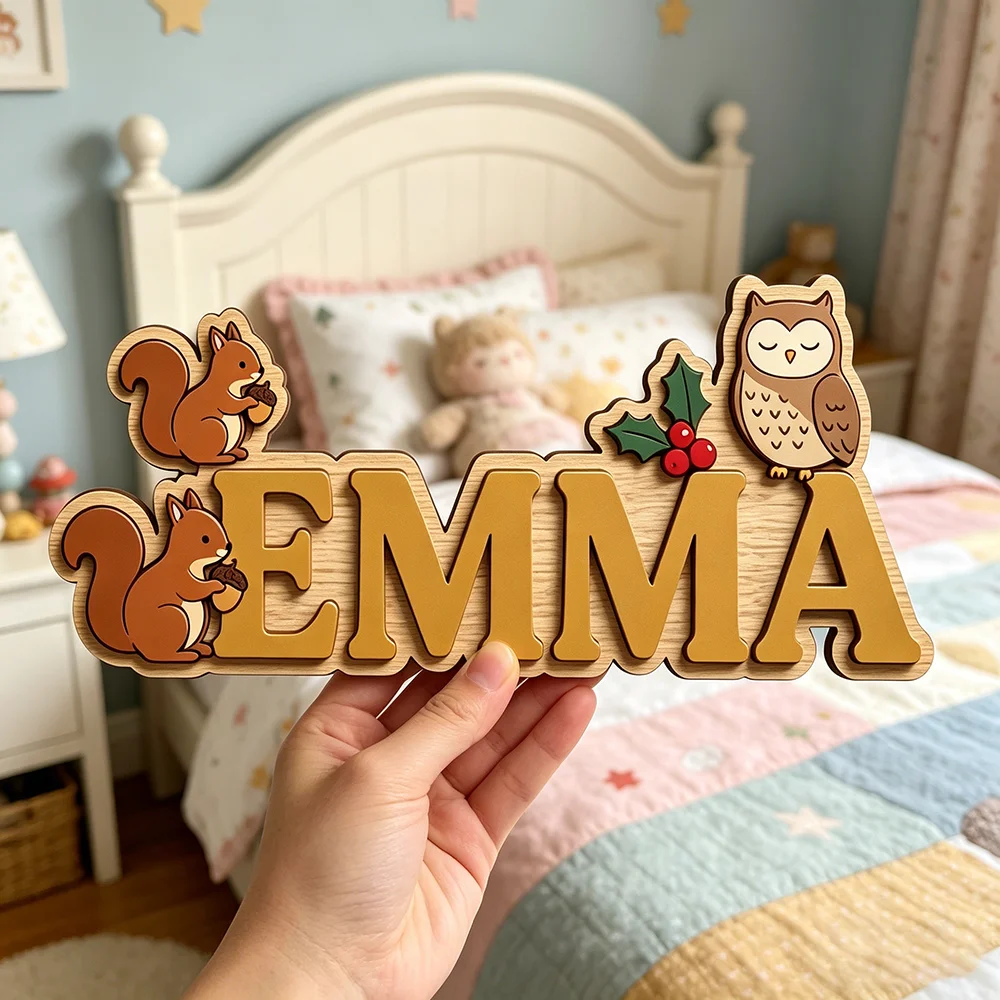 Personalized Woodland Animal Name Sign for The Dearest Baby, Cute Green Themed Kids Room Holly Decor