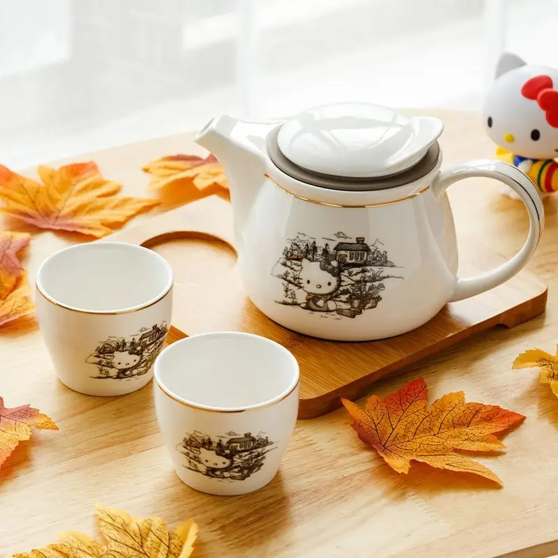 

Hello Kitty Anime Kawaii Sanrio Ins Fashion Tea Water Cup Set Cute Cartoon Kt Cat Ceramic Teapot Tableware Gifts for Kids