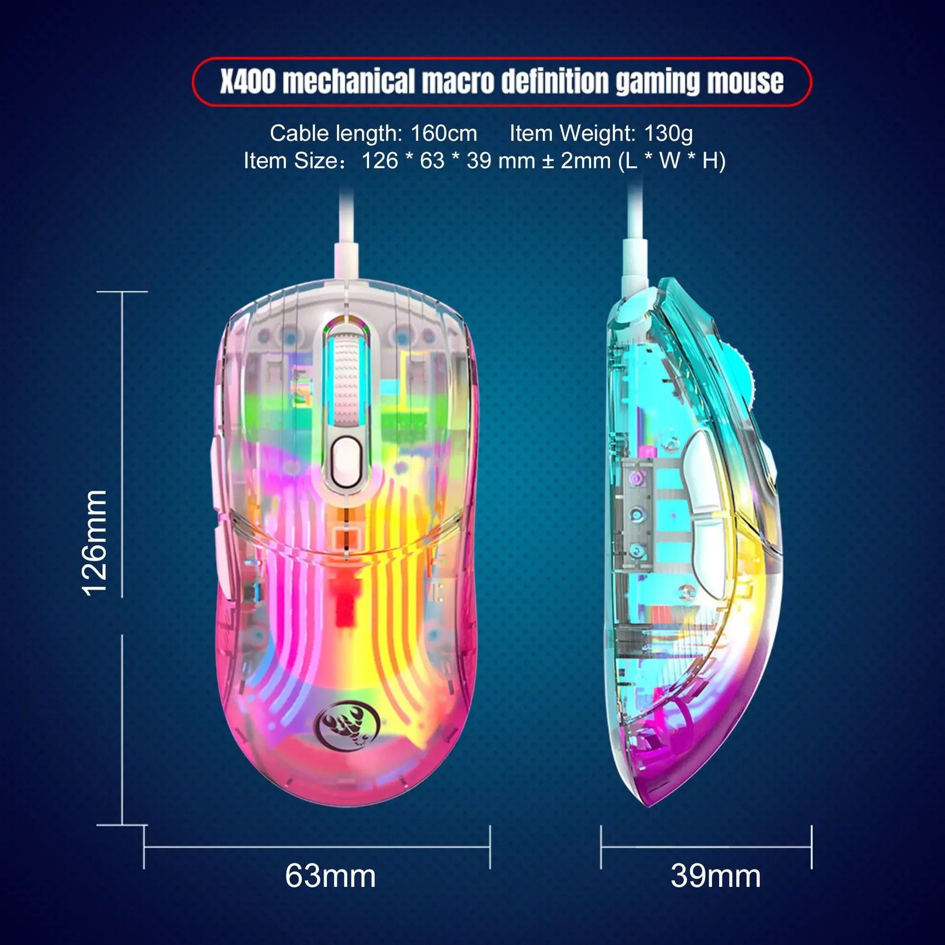 Wired Transparent Game Mouse Portable Mice RGB Backlight USB Adjustable 12800 DPI 7 key Mouse for PC Laptop Gamer Office Gaming