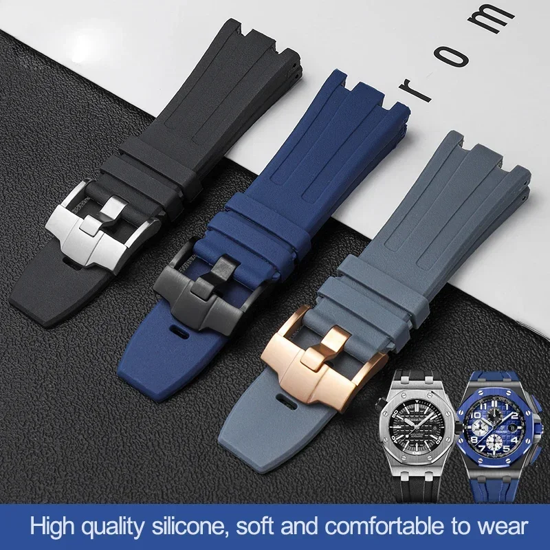 

28mm Black Blue 15703 Nature Rubber Silicone Watchband Men Watch Strap Band For AP Watch Audemars And Piguet belt logo tools