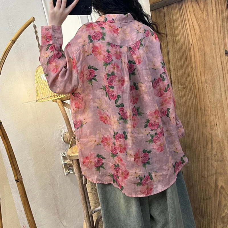 Women\'s Vintage Floral Print Oversize Cotton Linen Shirt Autumn Casual Lapel Long Sleeve Blouse Chic Irregular Tunic Tops Blusas