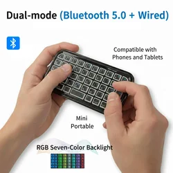 Dual-Mode (Bluetooth + Wired) RGB Backlight Keyboard Mini Rechargeable Type-C Pocket Portable 49 Keys for Tablets Smartphones