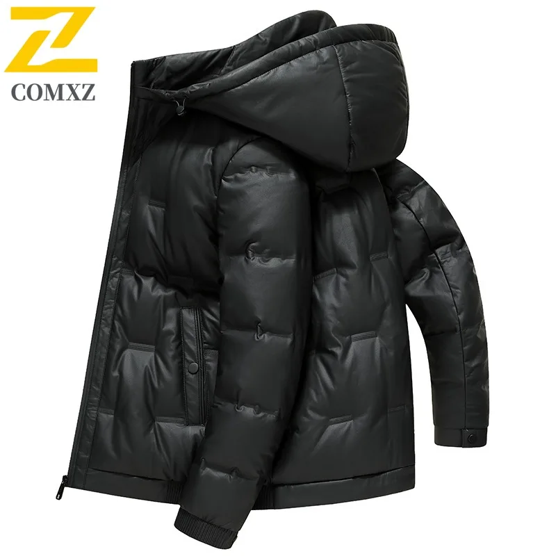 COMXZ Luxurious Short Down Jacket Men Hooded Outdoor Camping Windproof Puffer Jacket Fashion Cycling Winter Leather Down Jacket