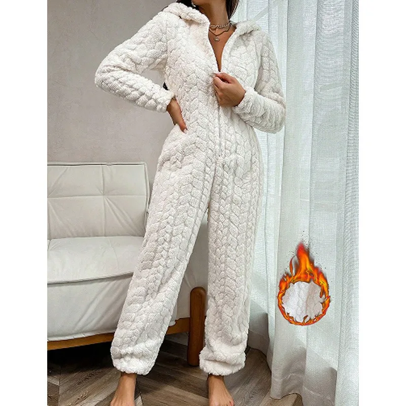 High End Women's Hooded Loungewear European American Thermal Coral Fleece Jumpsuit Pajamas for Autumn Winter White Pajama set