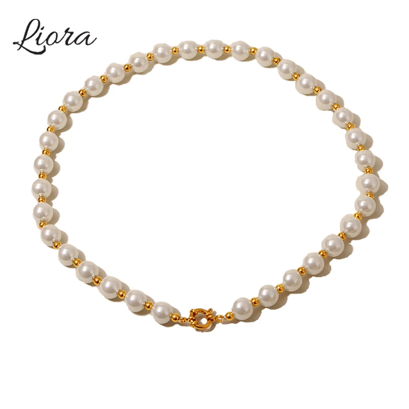 

Liora Baroque Imitation Pearl Necklace For Women Stainless Steel Beads Chain Choker Popular Handmade Wedding Engagement Jewelry