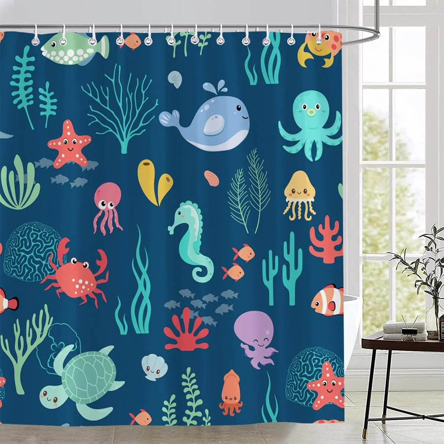 Kids Sea Animal Shower Curtain Funny Whale Cute Cartoon Fish Ocean Undersea Coral Starfish Navy Blue Boys Girls Fabric Bathroom