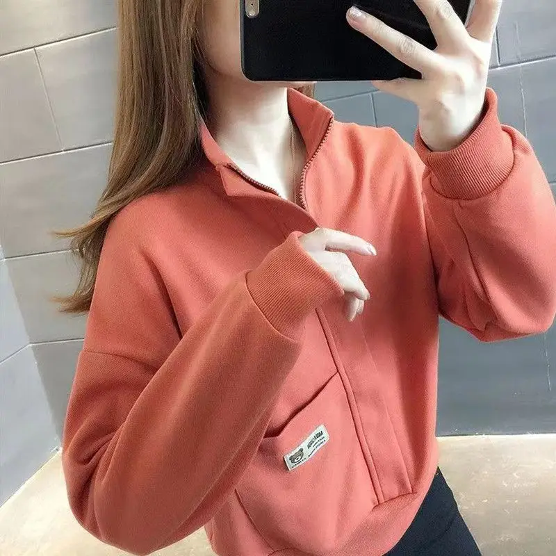 Simple Fashion Spring Autumn New Coats Women Solid Pocket Zipper Stand Collar Casual Short Long Sleeve Cardigan Sweatshirts Tops