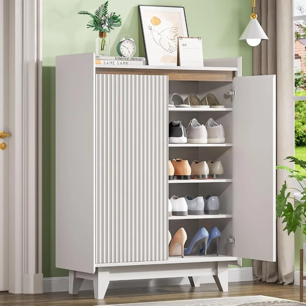 

White Fluted Shoe Cabinet, 5-Tier Shoe Storage Cabinet with Adjustable Shelves, 43.7”H Tall Shoe Cabinet Storage for Entryway Ha